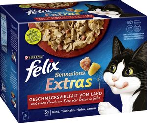 Felix Katzennassfutter Geschmacksvielfalt vom Land - Extras - Felix Sensations
, 
12 x 85 g, 3x Rind, Truthahn, Huhn, Lamm