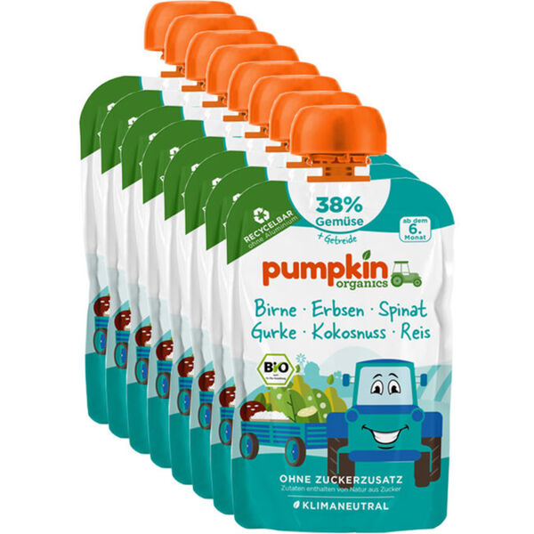 Bild 1 von Pumpkin Organics BIO Quetschies mit Birne, Erbsen & Spinat, 8er Pack