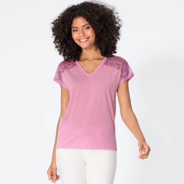 Bild 1 von Damen-T-Shirt mit Spitzeneinsatz, Pink