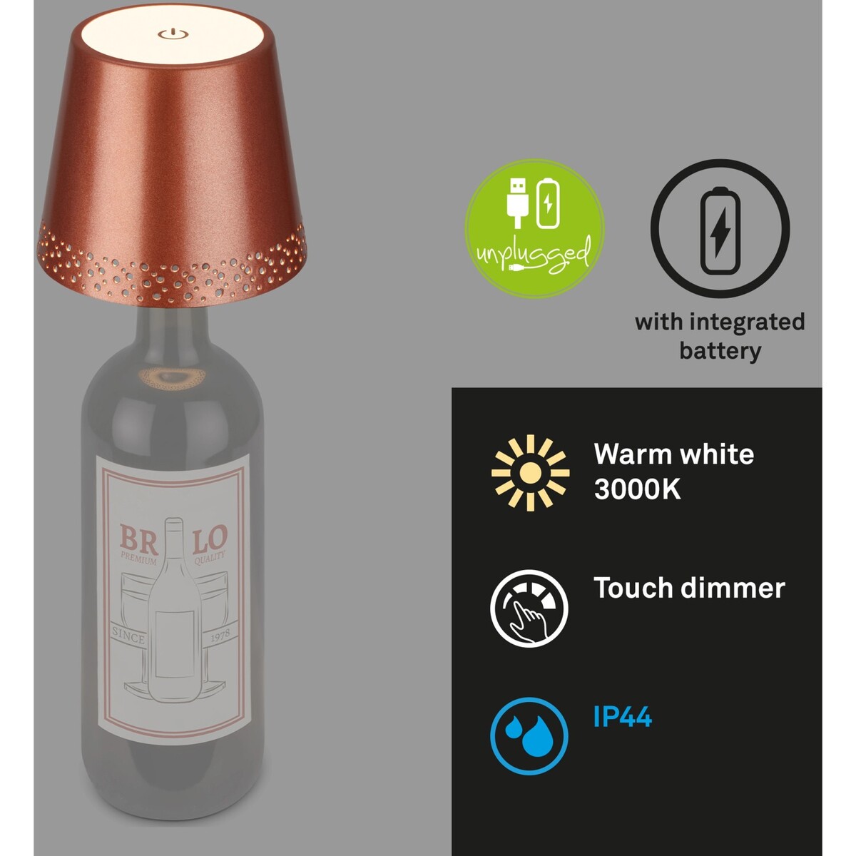 Bild 2 von Brilo Akku-Flaschenlicht Flaska Kupfer-Matt 2,6W