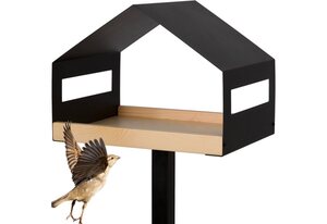 WONDERMAKE Vogelhaus »Design Vogelfutterhaus mit Ständer aus Metall und Holz wetterfest, modernes Vogelhäuschen groß Metalldach stehend, Futterhaus für Vögel zum Stellen XL, 30x23x117 cm, Edels