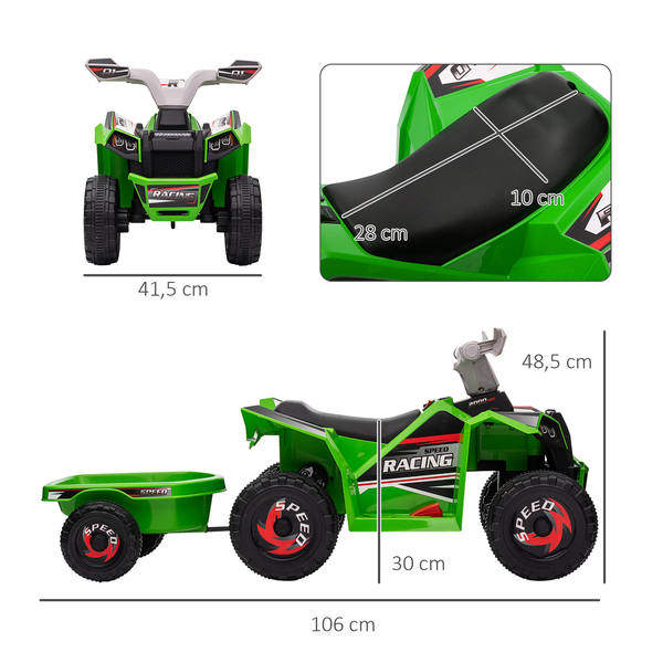 Bild 3 von HOMCOM Kinderquad Kinder Elektro-Quad, 6V Elektroauto mit Anhänger Metall Grün