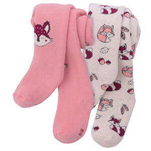 2 Baby Frottee-Strumpfhosen mit Fuchs-Motiven ROSA / CREME