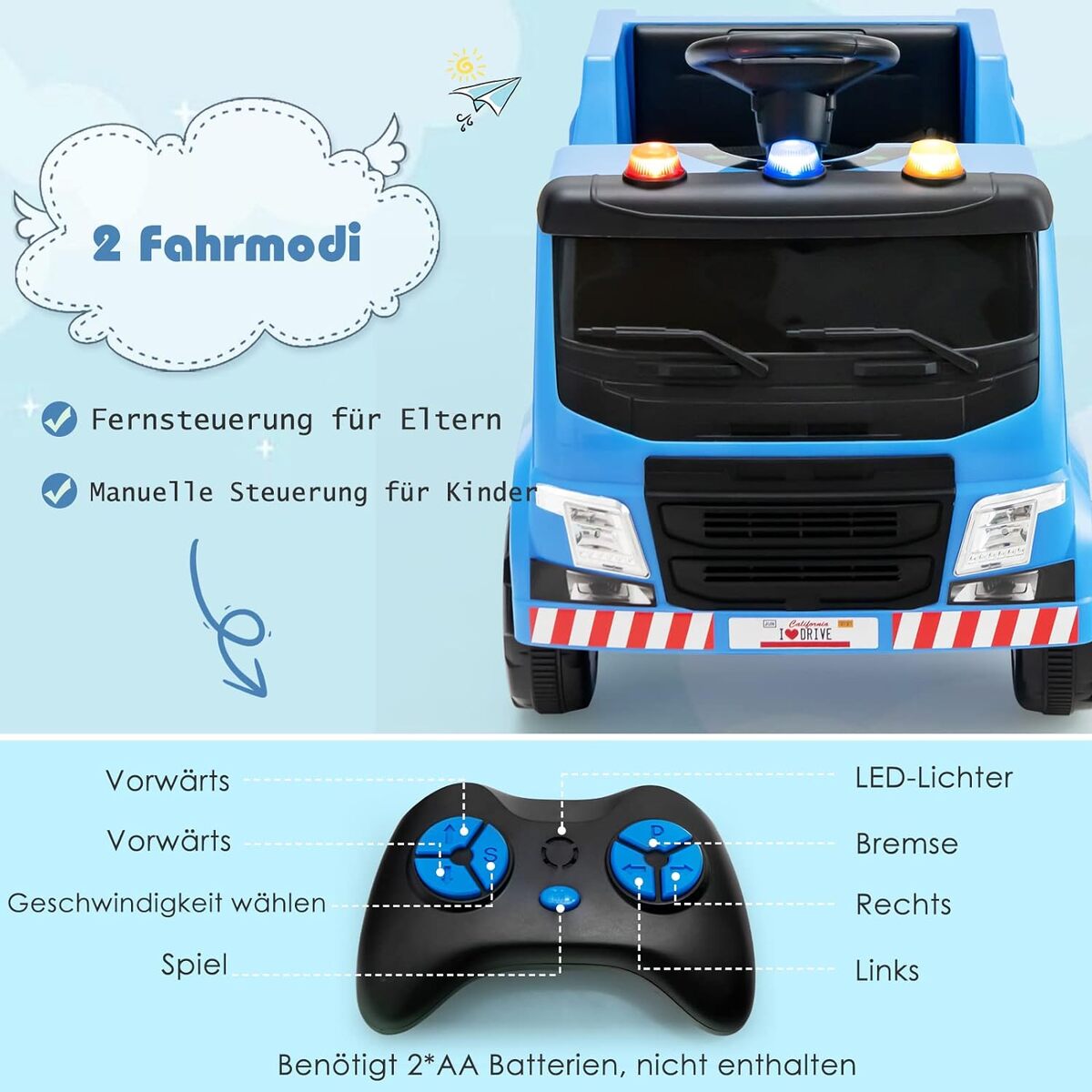 Bild 2 von 12V Kinder Aufsitz Müllwagen mit Musik, Hupen und Licht