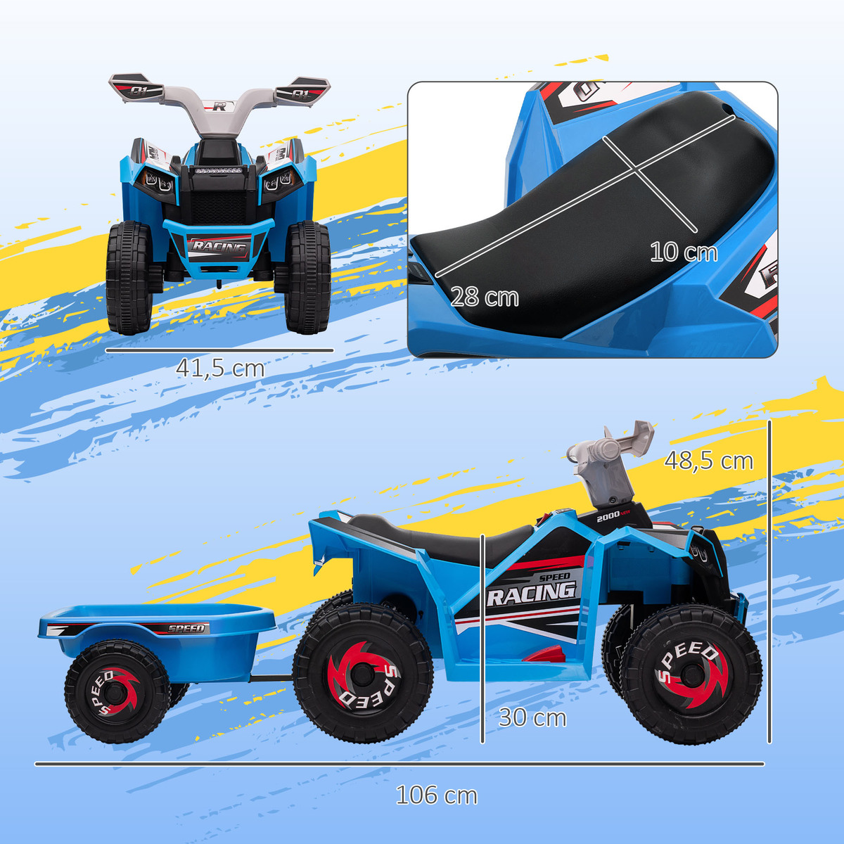 Bild 3 von HOMCOM Kinderquad Kinder Elektro-Quad, 6V Elektroauto mit Anhänger Metall Blau