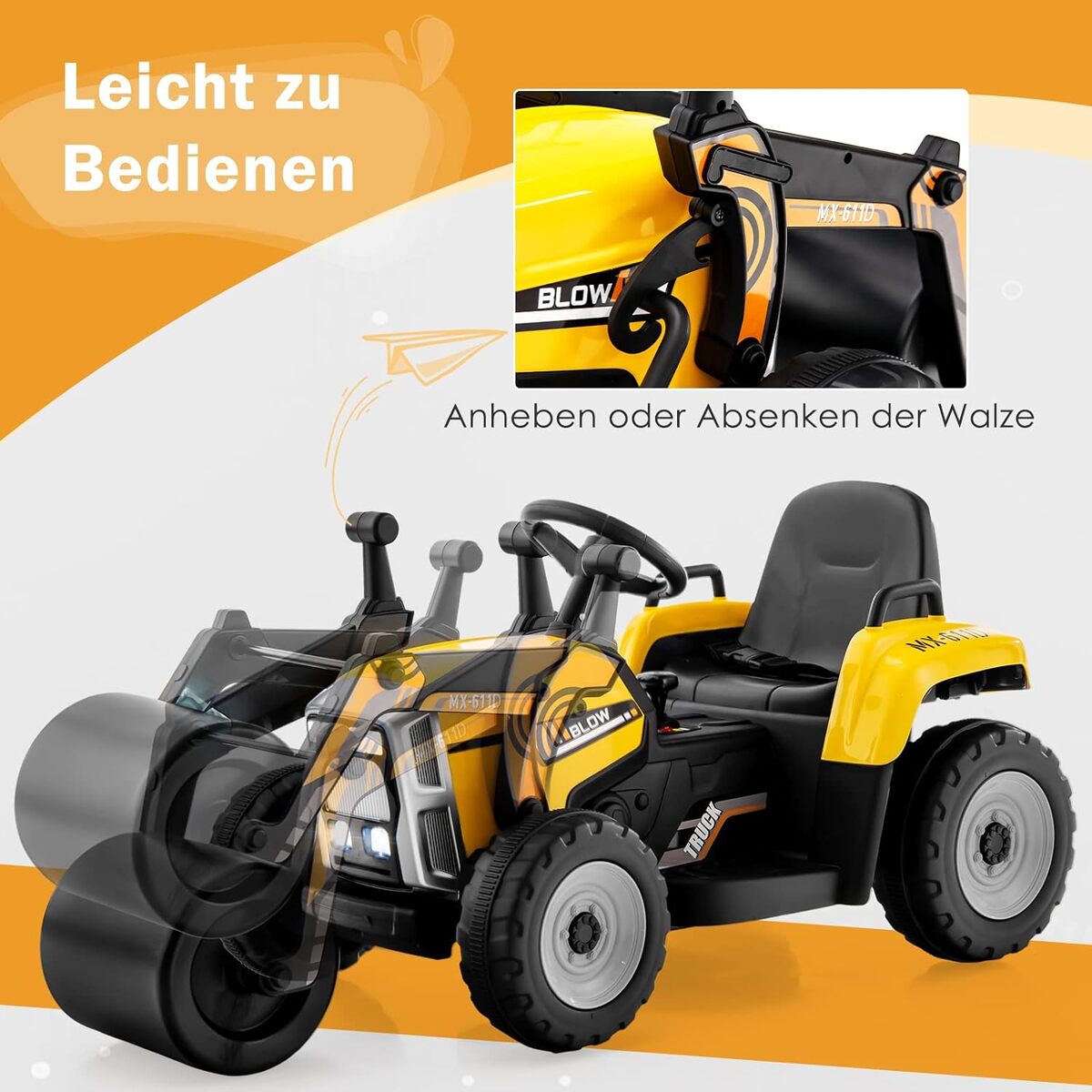 Bild 1 von 12V Kinder Walze mit Musik, Hupen und Scheinwerfer