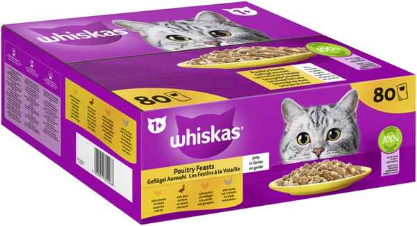 Bild 1 von WHISKAS Portionsbeutel Multipack 1+ Geflügel Auswahl in Gelee 80 x 85g