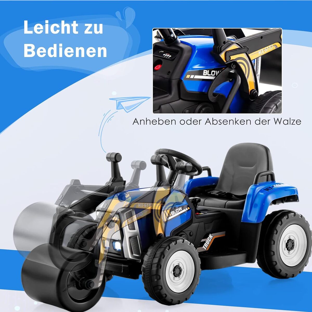 Bild 1 von 12V Kinder Walze mit Musik, Hupen und Scheinwerfer