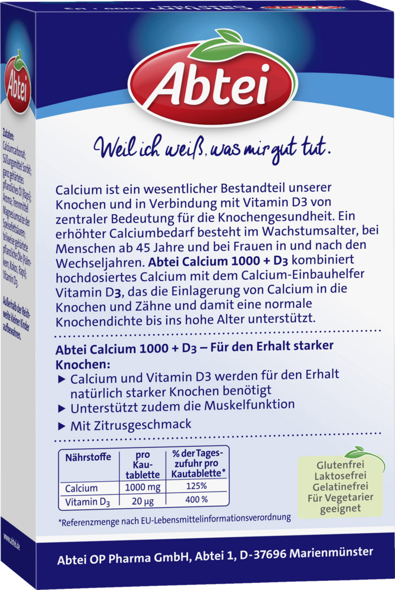 Bild 3 von Abtei Calcium 1.000 + Vitamin D3 800 I.E. Kautabletten, 113 g