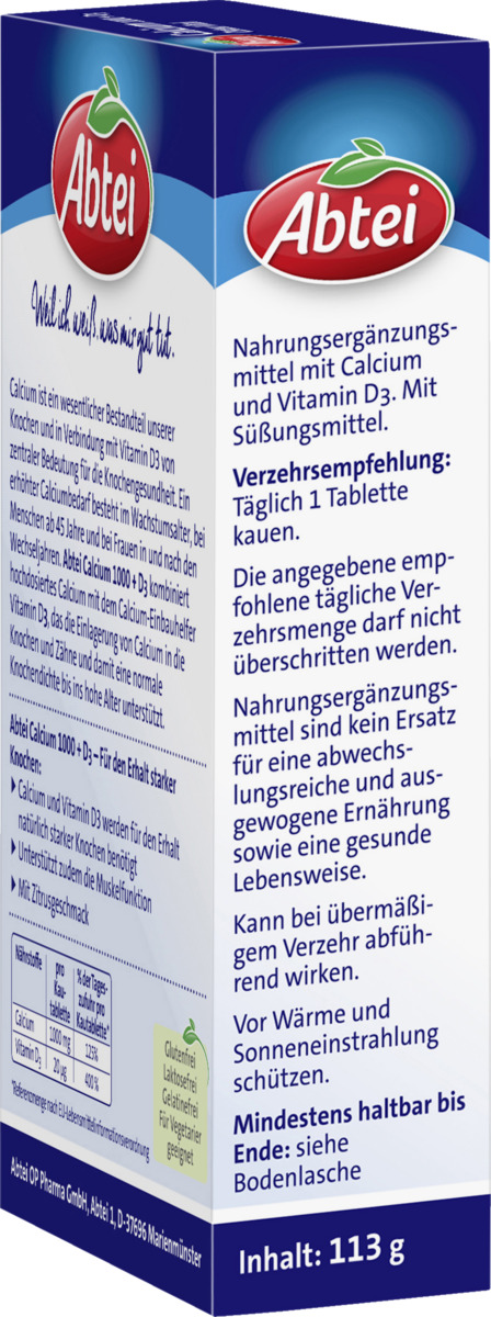 Bild 2 von Abtei Calcium 1.000 + Vitamin D3 800 I.E. Kautabletten, 113 g