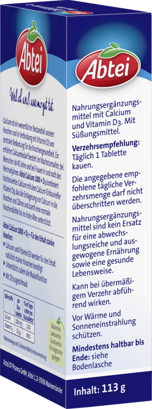 Bild 2 von Abtei Calcium 1.000 + Vitamin D3 800 I.E. Kautabletten, 113 g
