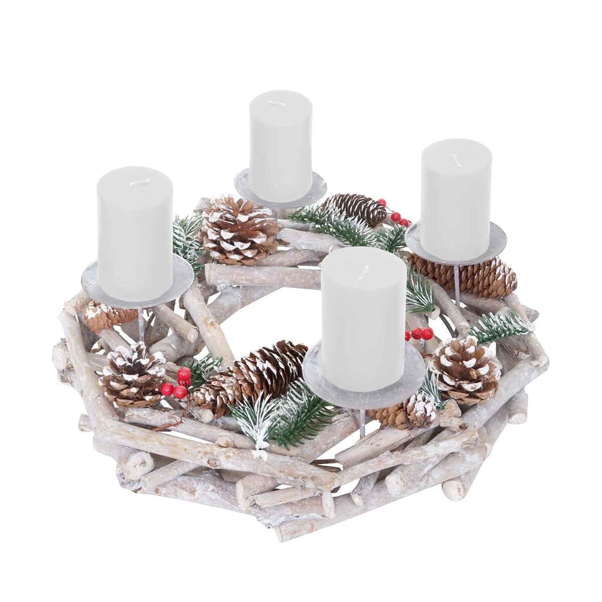 Bild 1 von Tischkranz rund, Weihnachtsdeko Adventskranz, Holz Ø 35cm weiß-grau ~ mit Kerzen, weiß
