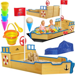 KIDIZ® Sandkasten Ahoi - Piratenschiff Boot Segelschiff aus Holz Inkl. Abdeckung , Bodenplane ,  Sitzbank , Flaggenmast    Große Kinder Sandkiste für den Garten   Outdoor Sandbox