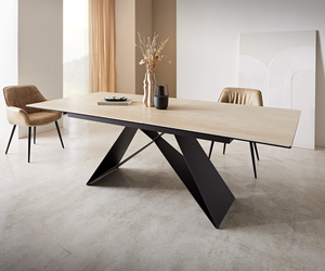 Esstisch Edge 180-220x100 Keramik Travertin Natur V-Gestell Flachstahl Schwarz ausziehbar
