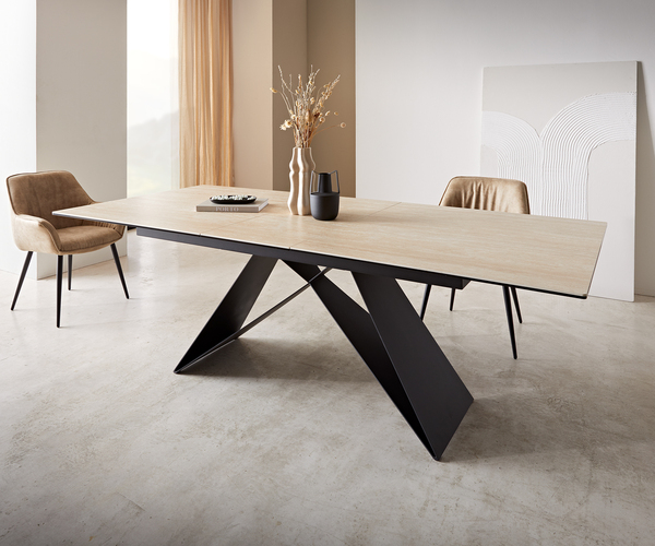 Bild 1 von Esstisch Edge 180-220x100 Keramik Travertin Natur V-Gestell Flachstahl Schwarz ausziehbar