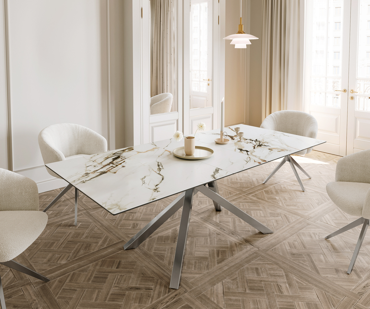 Bild 1 von Esstisch Edge 180-220x100 Keramik Calacatta Luxe Weiß-Gold-Grau Kreuzgestell Rechteck Edelstahl ausziehbar