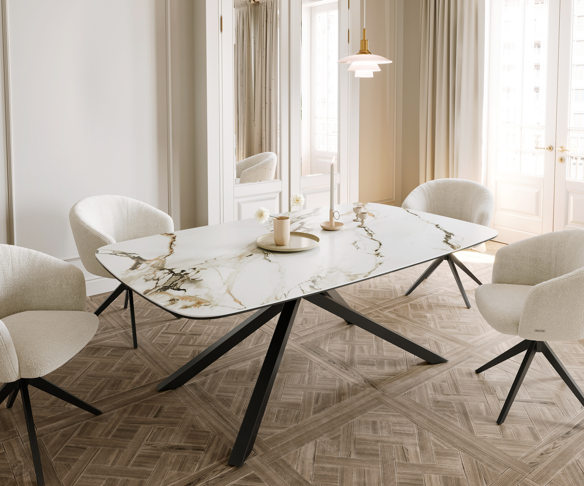Bild 1 von Esstisch Edge Boot 200x100 Keramik Calacatta Luxe Weiß-Gold-Grau Kreuzgestell Rechteck Schwarz