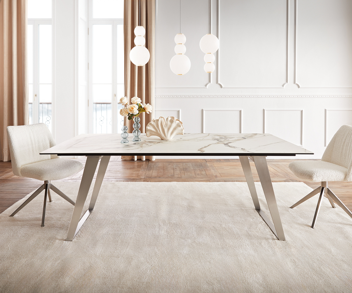 Bild 1 von Esstisch Edge 200x100 Keramik Calacatta Luxe Weiß-Gold-Grau Edelstahl Schräg