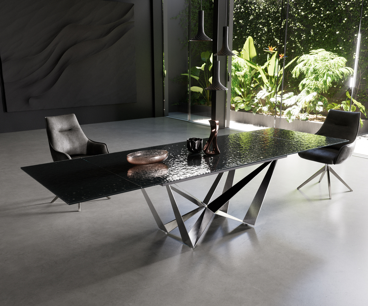 Bild 1 von Esstisch Edge 200-300x100 Reliefglas Rauchschwarz 3D-Design Spider Flachstahl Edelstahl ausziehbar