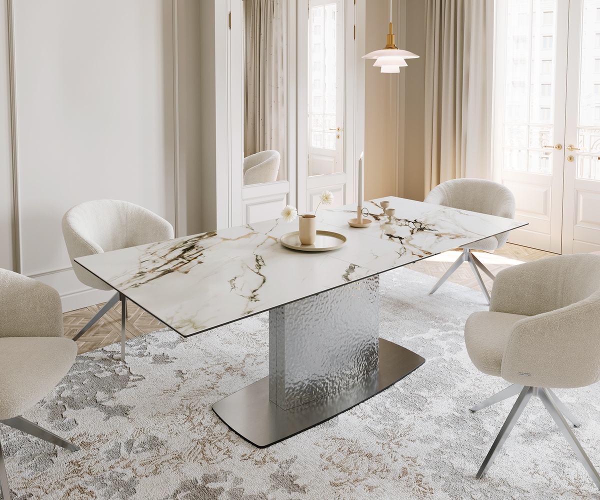 Bild 1 von Esstisch Edge 180-220x100 Keramik Calacatta Luxe Weiß-Gold-Grau Wave Edelstahl ausziehbar