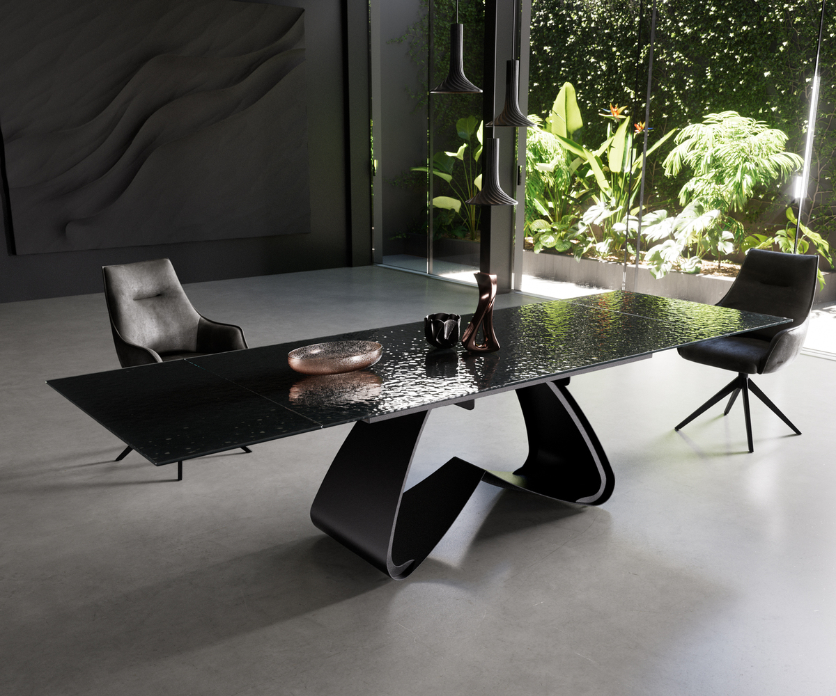 Bild 1 von Esstisch Edge 200-300x100 Reliefglas Rauchschwarz 3D-Design W-Gestell Schwarz ausziehbar