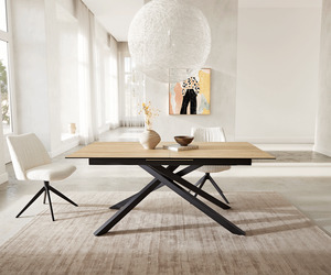 Esstisch Edge 180-220x100 Keramik Laminam® Sabbia Eichefarbig Kreuzgestell Rechteck Schwarz ausziehbar
