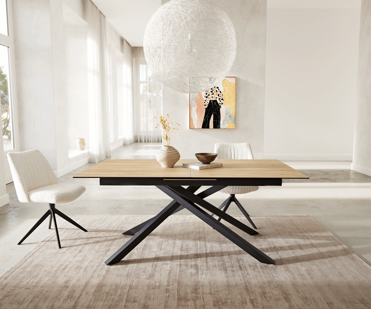 Bild 1 von Esstisch Edge 180-220x100 Keramik Laminam® Sabbia Eichefarbig Kreuzgestell Rechteck Schwarz ausziehbar