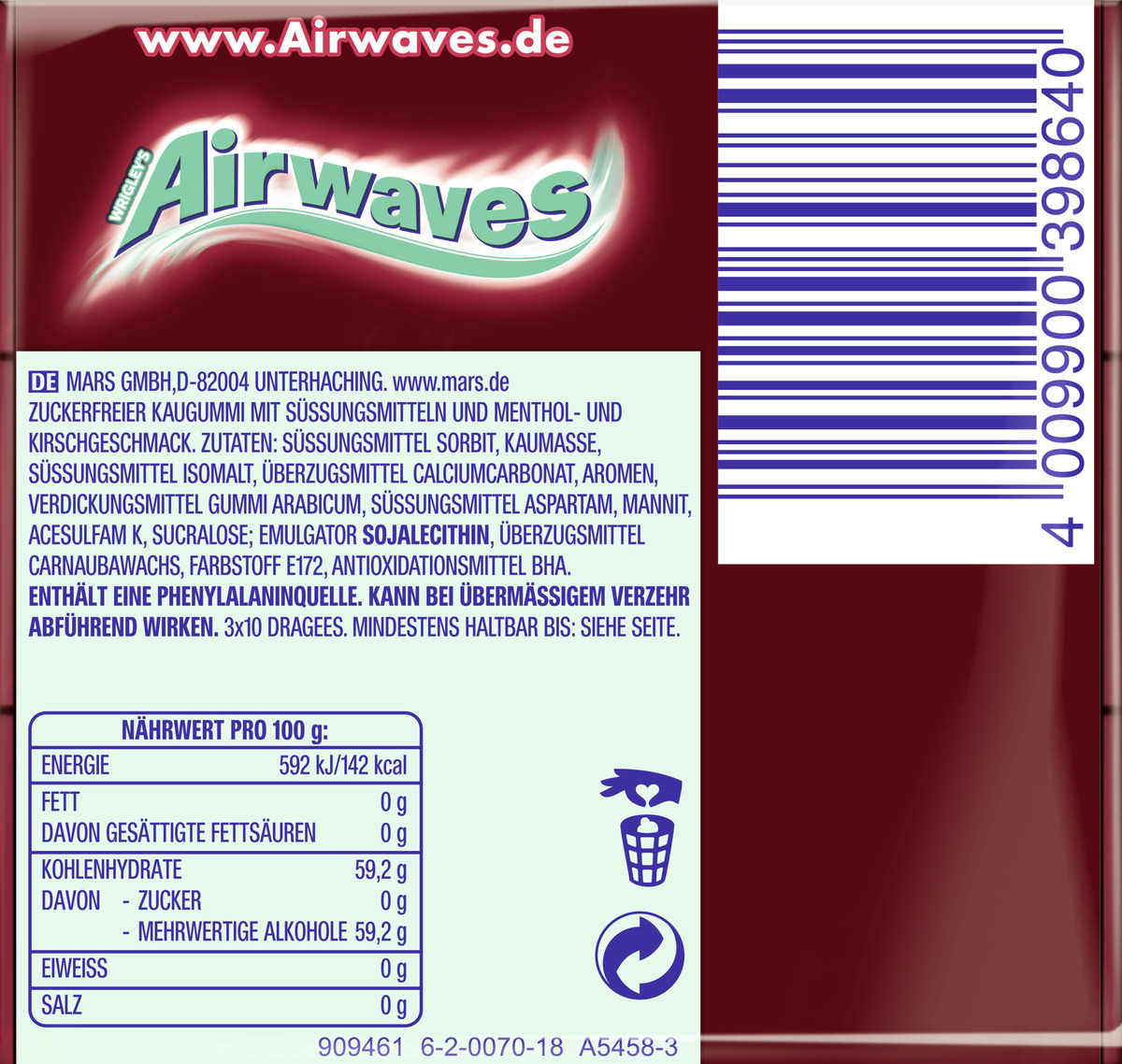 Bild 2 von Wrigley`s Airwaves Kaugummi-Dragees Cherry Menthol Multipack