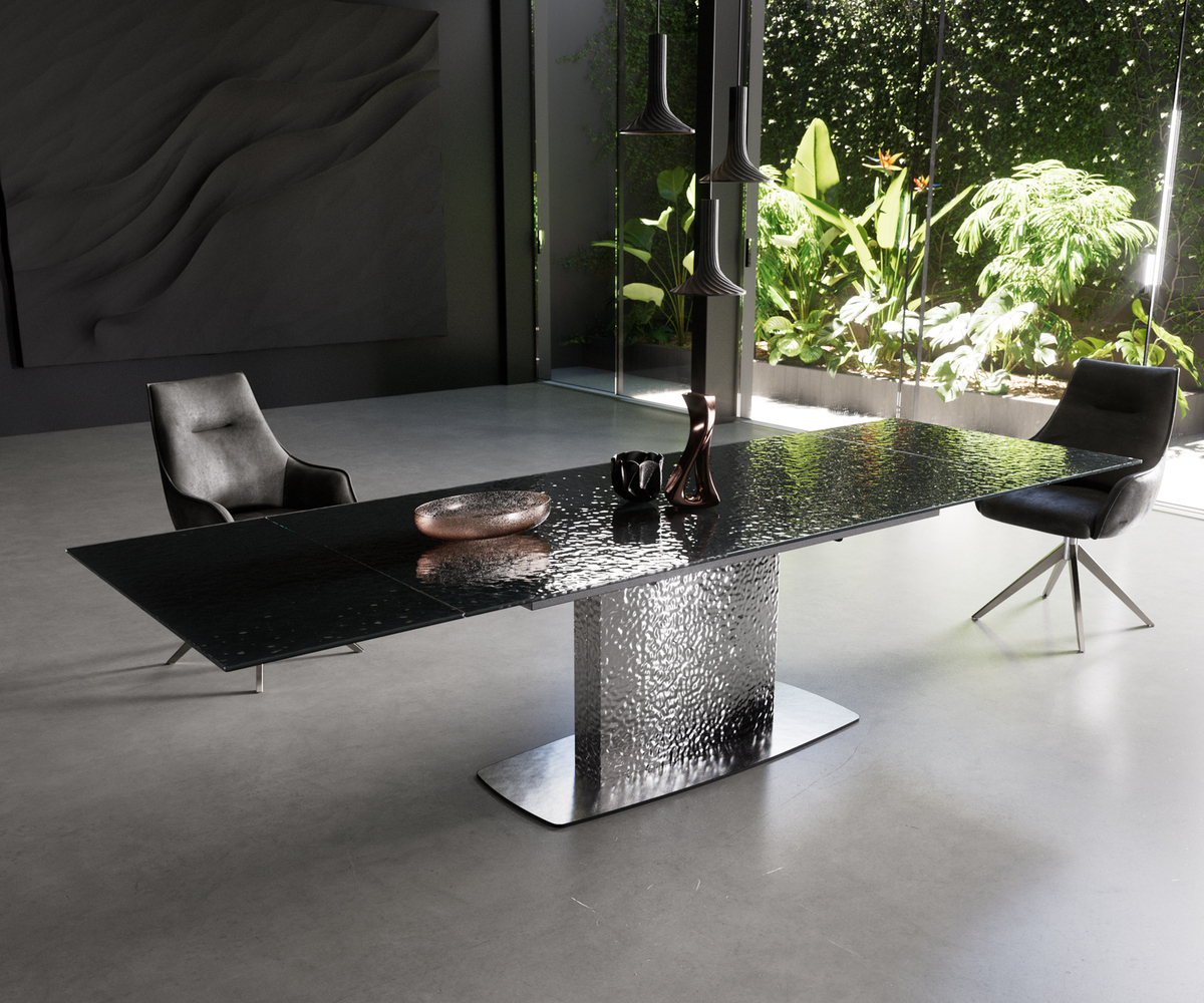 Bild 1 von Esstisch Edge 200-300x100 Reliefglas Rauchschwarz 3D-Design Wave Edelstahl ausziehbar