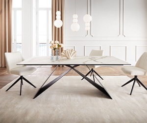 Esstisch Edge 200x100 Keramik Calacatta Luxe Weiß-Gold-Grau V-Gestell Flachstahl Schwarz