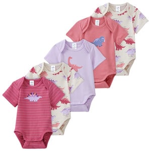 5 Baby Bodys mit Dino-Motiven BEIGE / DUNKELROSA / BEERE