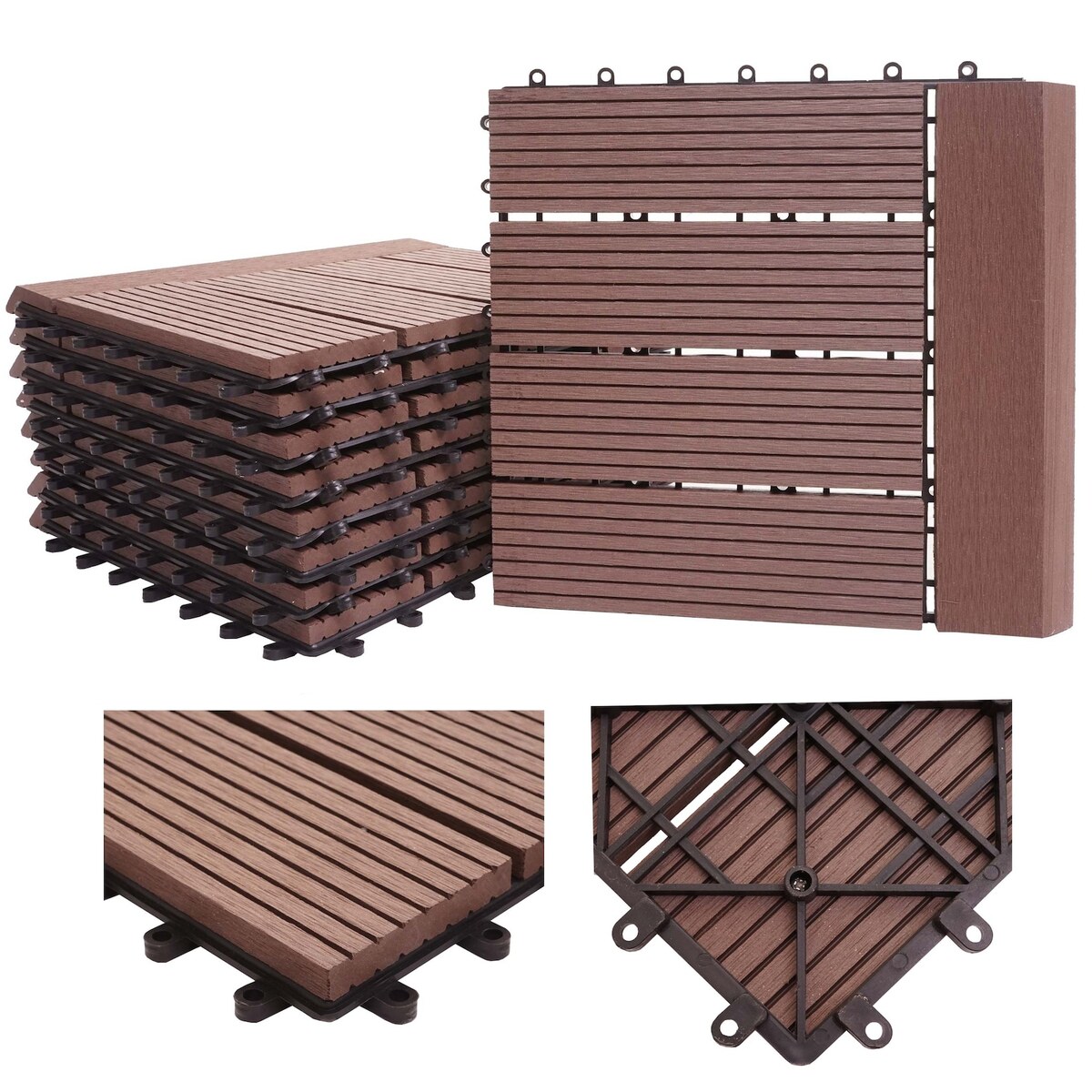 Bild 1 von WPC Bodenfliese Sarthe + Abschluss, Holzoptik Balkon/Terrasse, 11x je 30x30cm = 1qm Premium ~ coffee linear waagrecht