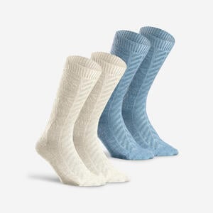 Wandersocken halbhoch warm Winterwandern 2er-Pack - SH100 Jacquard Blau|weiß