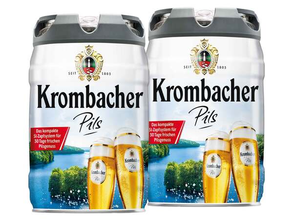 Bild 1 von 2 x 5-l-Bierfass Doppelpack Krombacher Pils, Bierfass mit Zapfhahn, Pfandfrei 4,8 % Vol