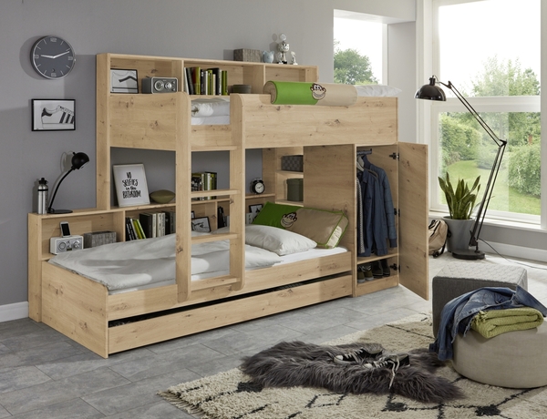 Bild 2 von Etagenbett Sina 2 LF 90x200 cm, inkl. Kleiderschrank und Bettschublade, Dekor Eiche Artisan