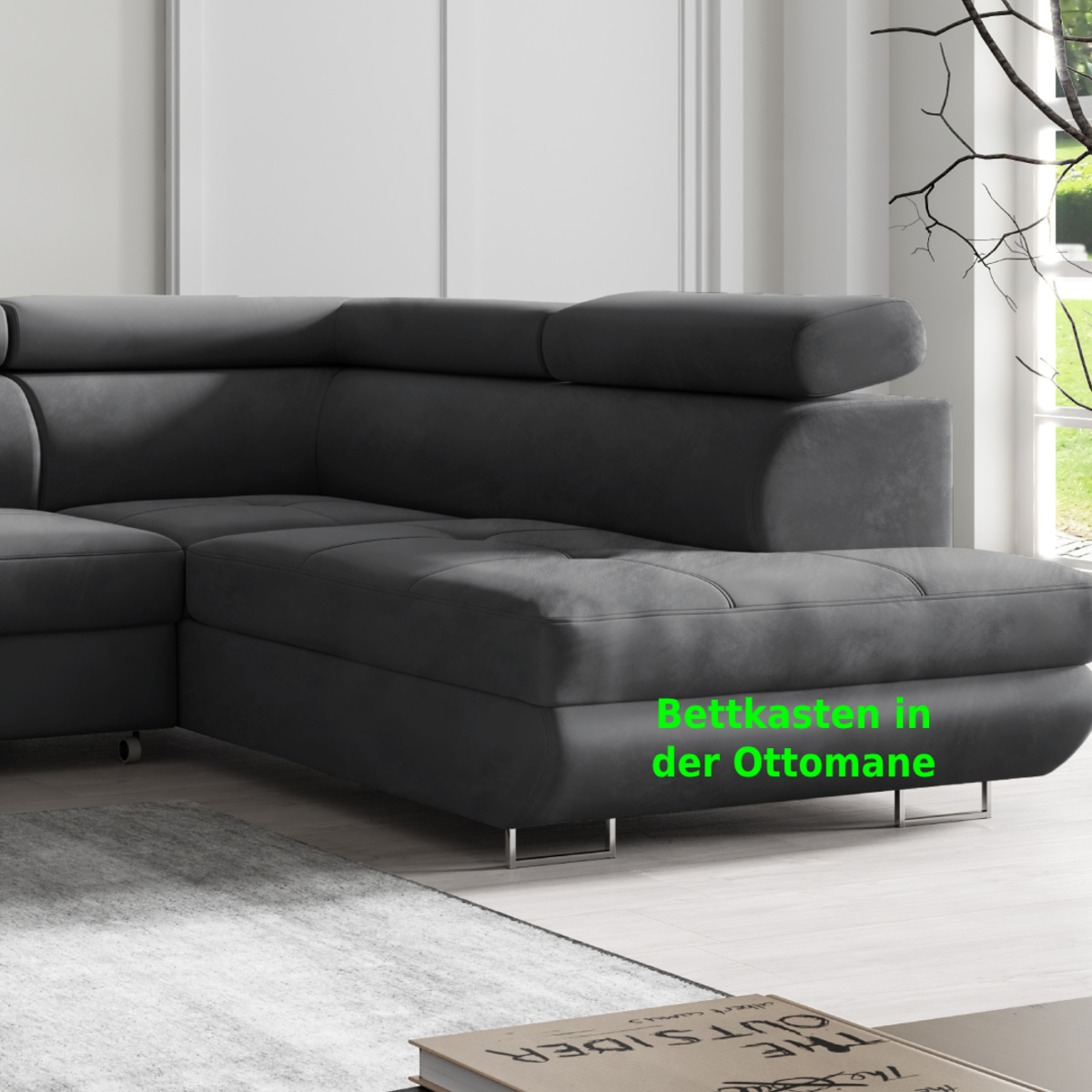 Bild 3 von Wohnlandschaft Ecksofa Monaco Samt Grau mit Bett Bettkasten Kopfteilverstellung Bett Sofa Schlafsofa