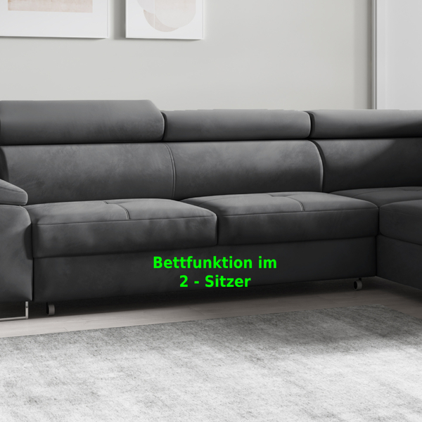 Bild 2 von Wohnlandschaft Ecksofa Monaco Samt Grau mit Bett Bettkasten Kopfteilverstellung Bett Sofa Schlafsofa