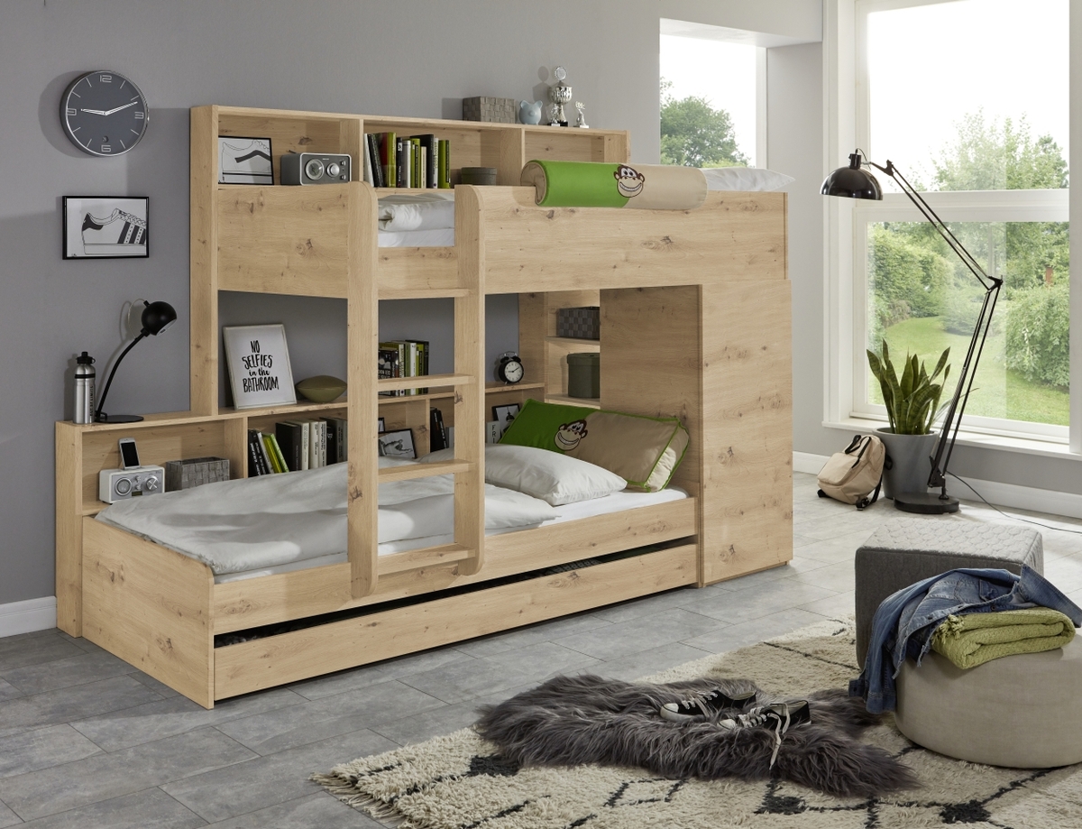 Bild 1 von Etagenbett Sina 2 LF 90x200 cm, inkl. Kleiderschrank und Bettschublade, Dekor Eiche Artisan