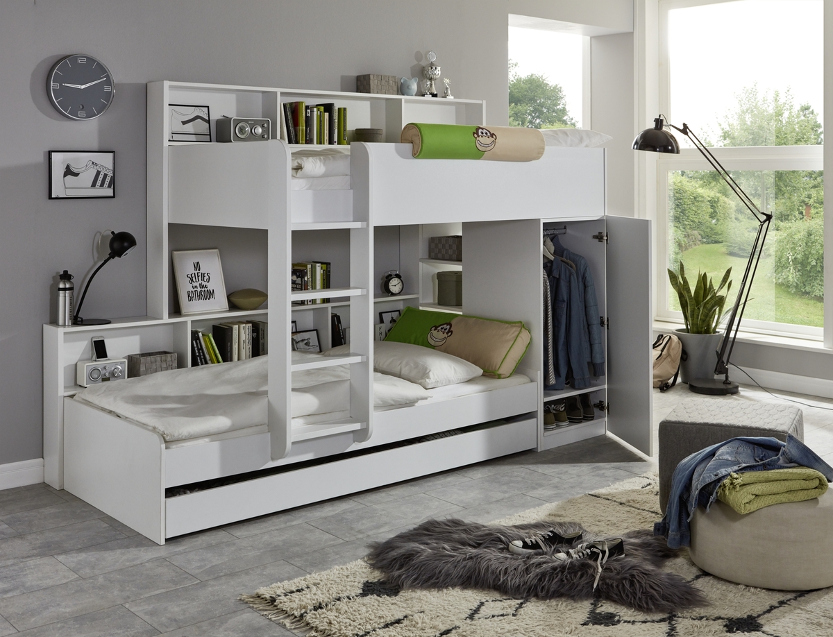 Bild 1 von Etagenbett Sina 2 LF 90x200 cm, inkl. inkl. Kleiderschrank und Bettschublade, Dekor Weiß