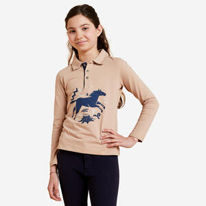 Reit-Poloshirt 100 Langarm Kinder beige/marineblau