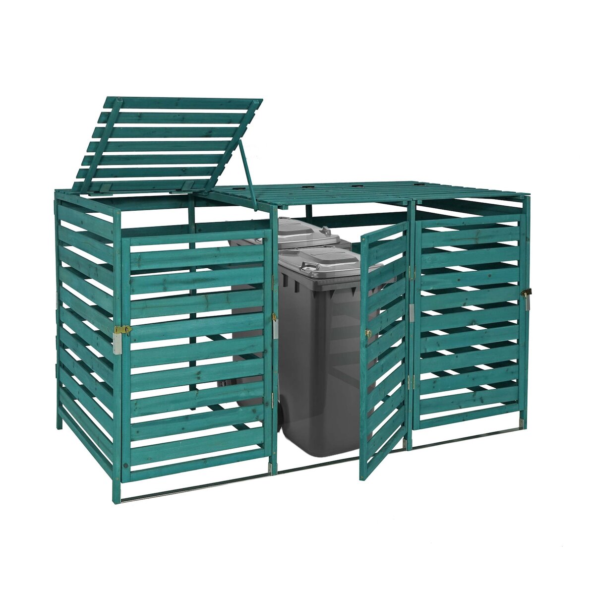 Bild 1 von XL 3er-/6er-Mülltonnenverkleidung MCW-H62, Mülltonnenbox, erweiterbar 114x200x97cm Massiv-Holz ~ dunkelgrün
