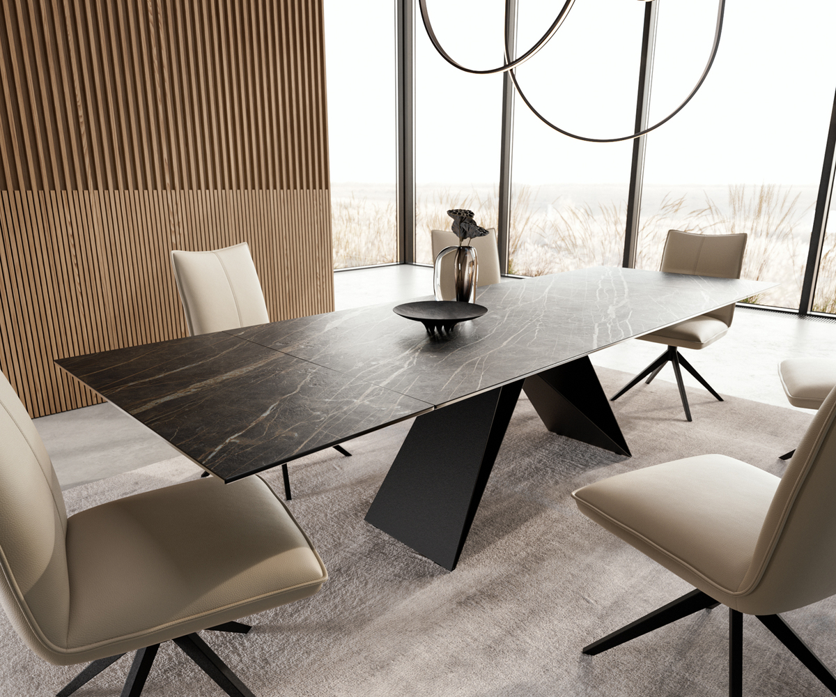 Bild 1 von Esstisch Edge 200-300x100 Keramik Laminam®Noir Desir Braun V-Gestell Flachstahl Schwarz ausziehbar