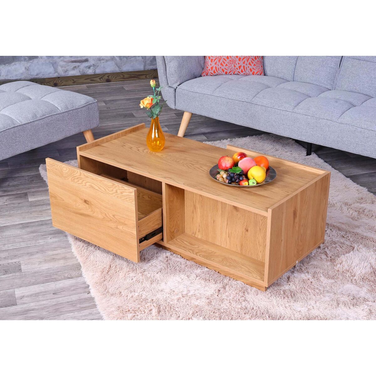 Bild 1 von Couchtisch MCW-J78, Wohnzimmertisch Beistelltisch Sofatisch, Schublade, MDF 110x50x40cm ~ Eiche-Optik