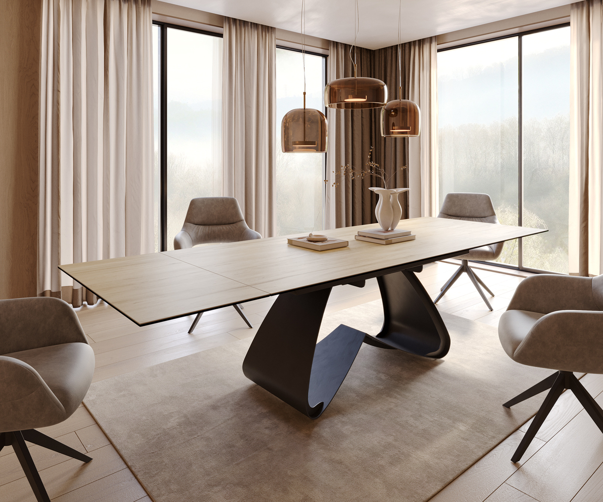 Bild 1 von Esstisch Edge 200-300x100 Keramik Laminam® Sabbia Eichefarbig W-Gestell Schwarz ausziehbar