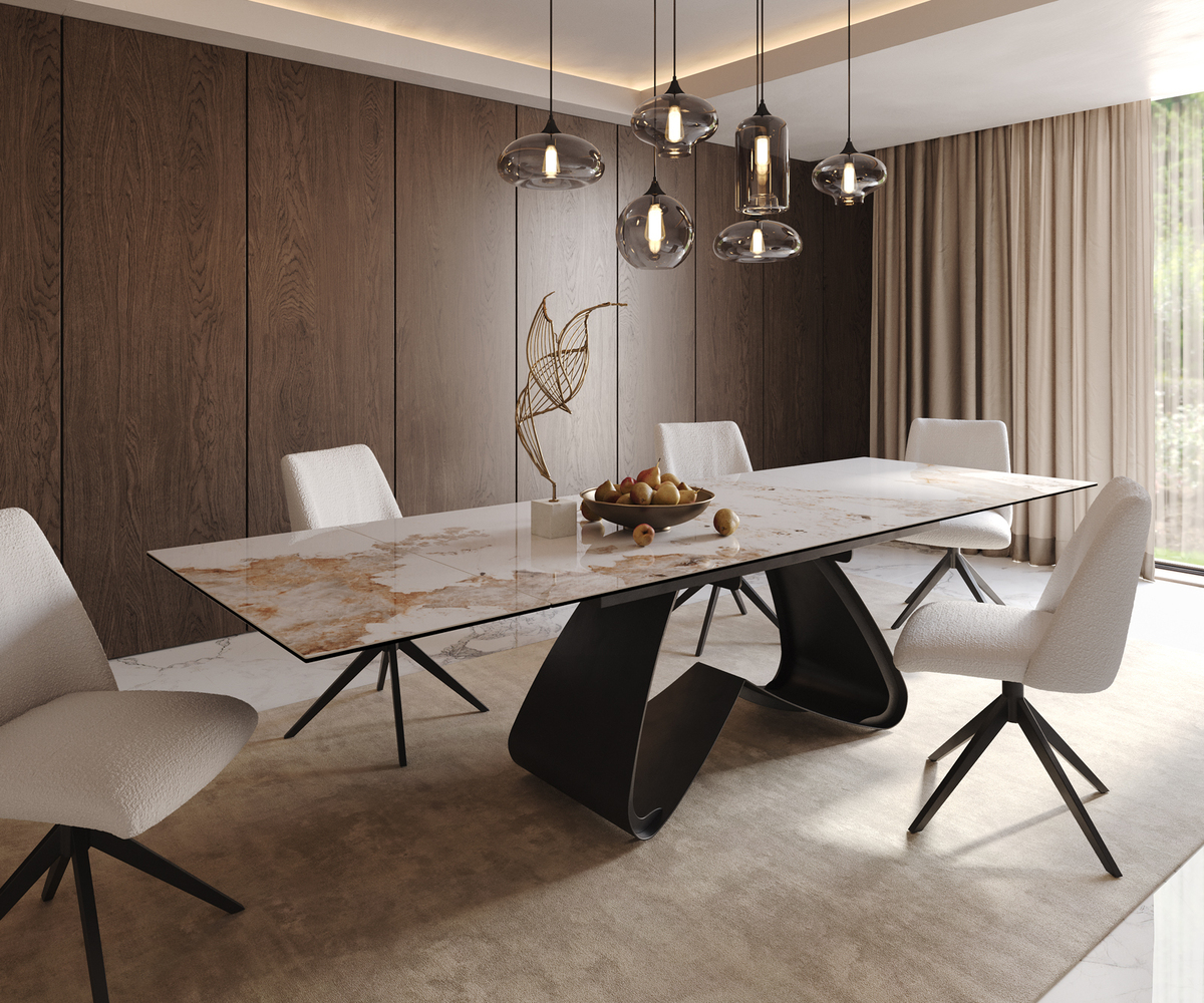 Bild 1 von Esstisch Edge 200-300x100 Keramik Minas Melange Weiß-Beige W-Gestell Schwarz ausziehbar