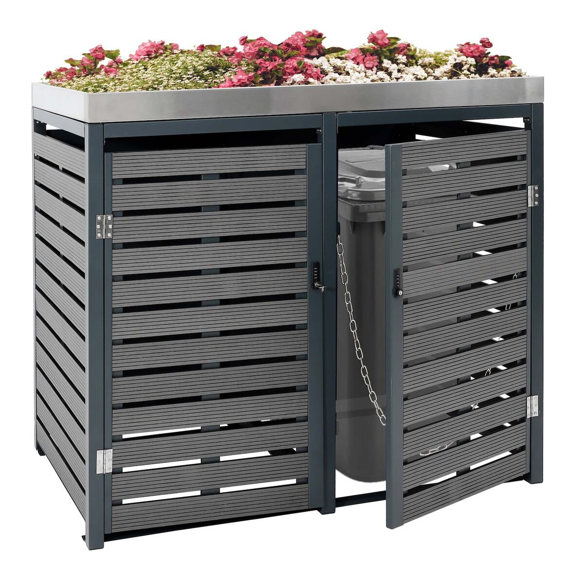 Bild 1 von 2er Mülltonnenverkleidung MCW-K14, Mülltonnenbox mit Pflanzkasten, 124x134x84cm WPC Edelstahl 79kg ~ anthrazit