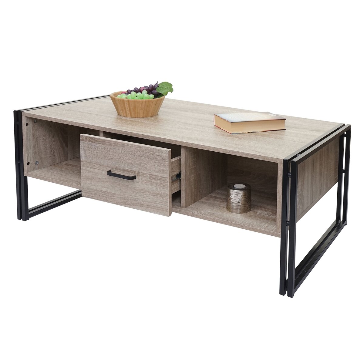 Bild 1 von Couchtisch MCW-A27b, Beistelltisch Wohnzimmertisch, 3D-Struktur, 45x110x60cm MVG-zertifiziert, Metall ~ Eiche-Optik