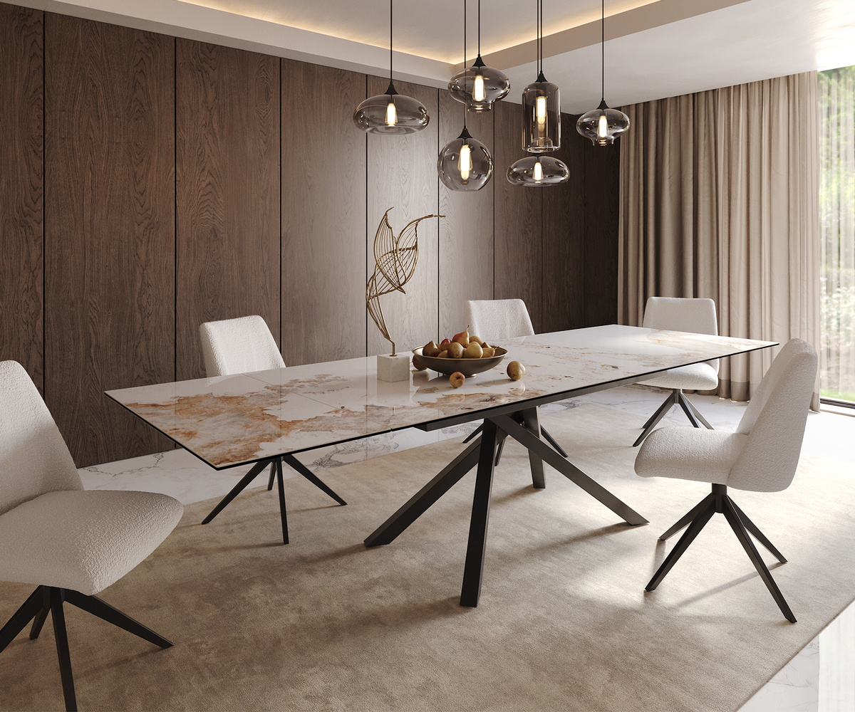 Bild 1 von Esstisch Edge 200-300x100 Keramik Minas Melange Weiß-Beige Kreuzgestell Rechteck Schwarz ausziehbar