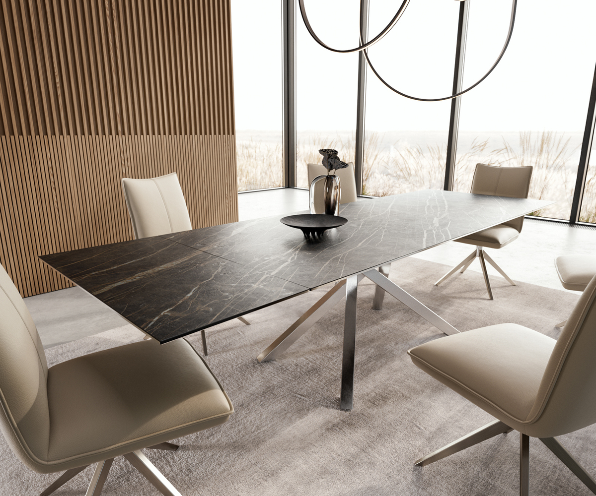 Bild 1 von Esstisch Edge 200-300x100 Keramik Laminam®Noir Desir Braun Kreuzgestell Rechteck Edelstahl ausziehbar