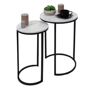 2er-Set Beistelltisch MCW-K46, Kaffeetisch Nachttisch Loungetisch, Marmor-Optik MVG-zertifiziert MDF ~ weiß-schwarz